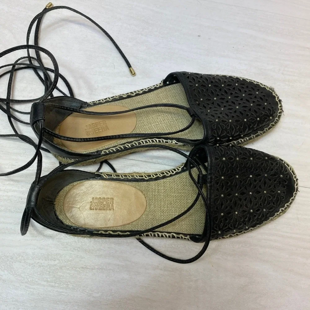 Jasper & Jeera Womens 7B Espadrilles Lace Up Black Leather Laser Cut Studs Boho